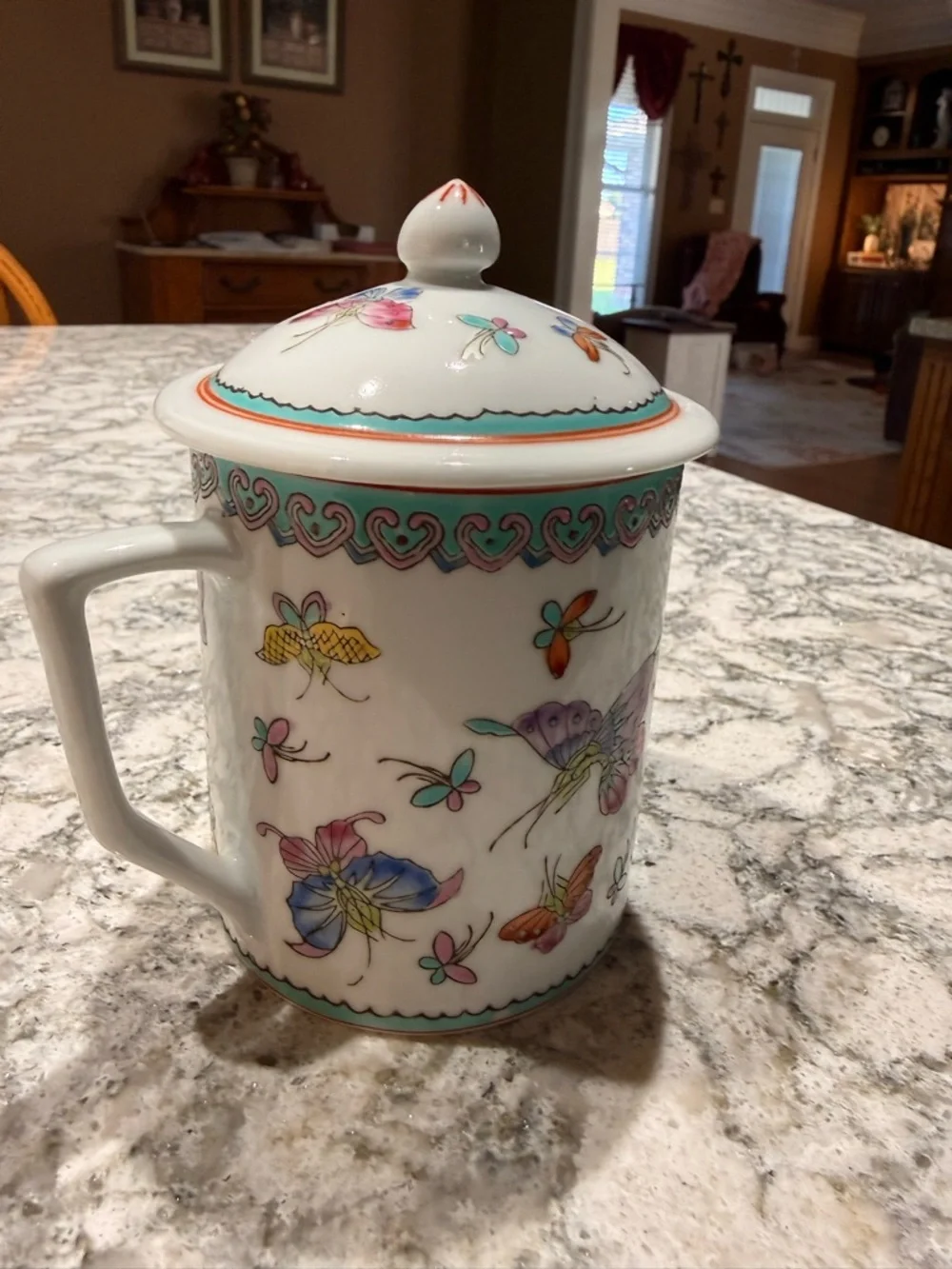 Vintage White Porcelain Tea Mug with Lid and Butterfly Motif